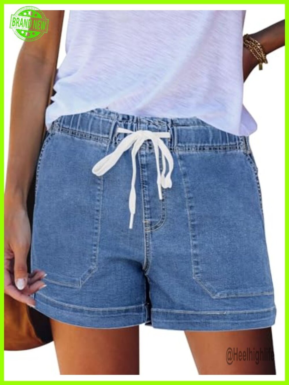 Women's Jean Shorts High Rise Elastic Waist Drawstring Pockets